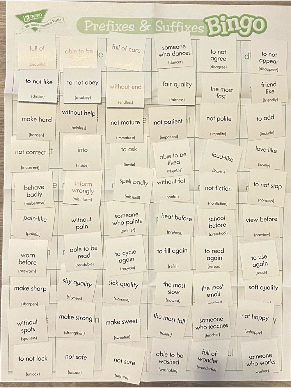 Bingo Prefixes & Suffixes Educational Game - Picture 3 of 3